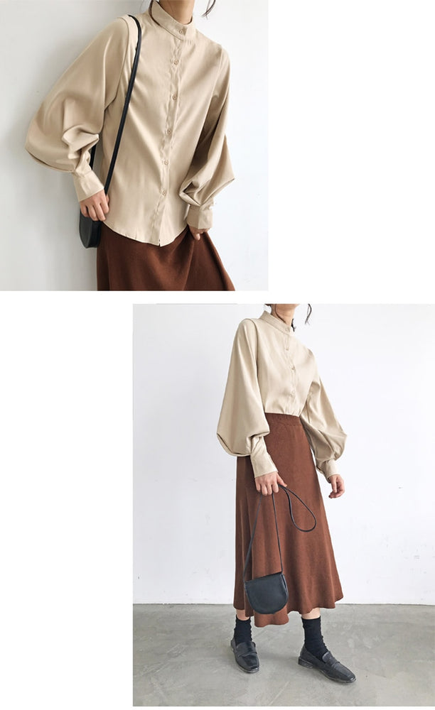 Vintage Lantern Sleeve Thicken Women Shirt Blouses