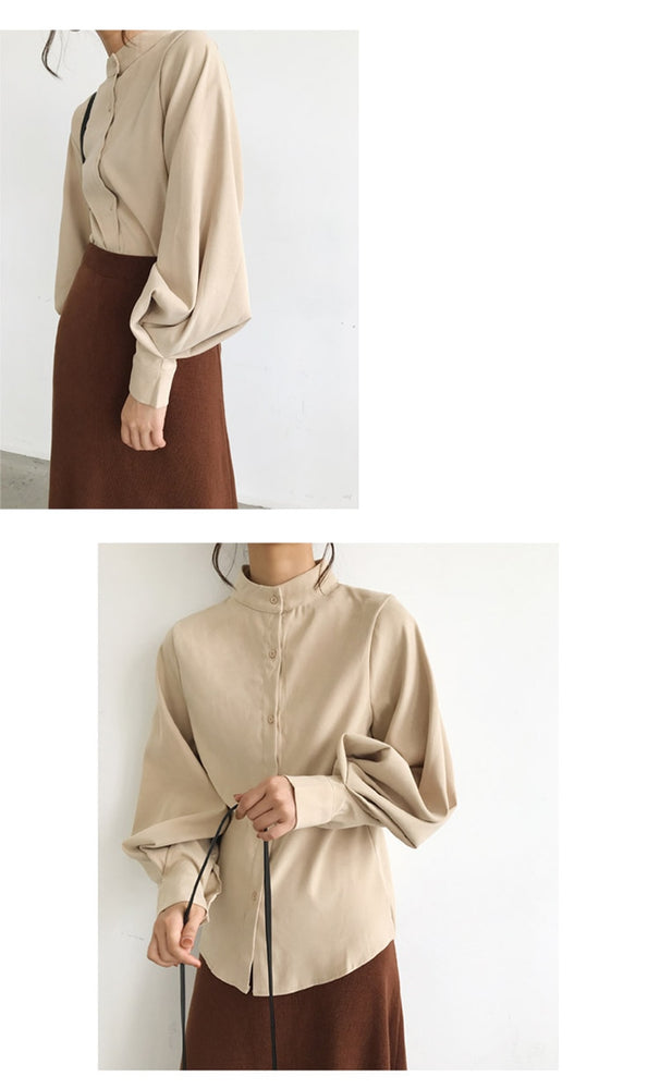 Vintage Lantern Sleeve Thicken Women Shirt Blouses