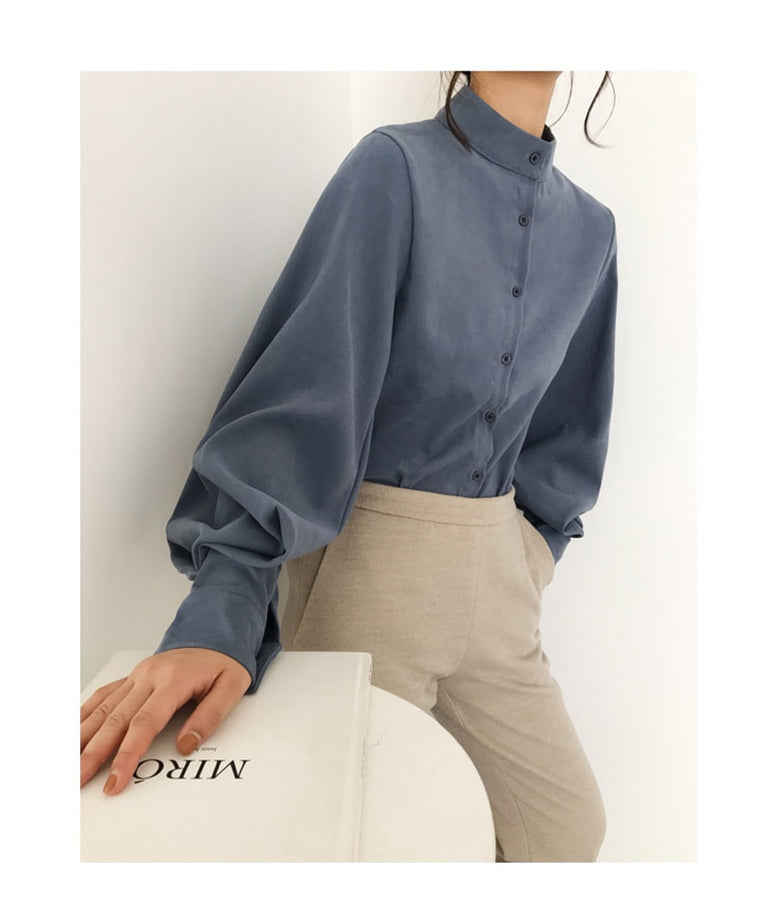 Vintage Lantern Sleeve Thicken Women Shirt Blouses