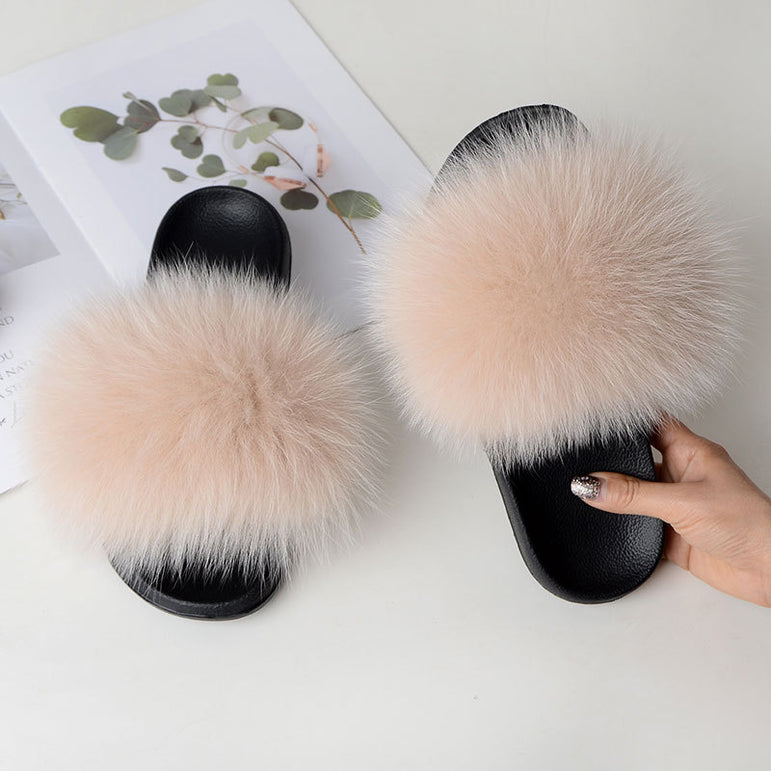 Warm Fox Fur Slippers For Women Slides Flip Flop