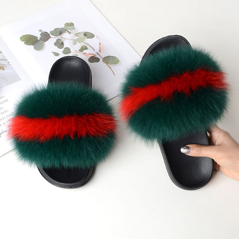 Warm Fox Fur Slippers For Women Slides Flip Flop