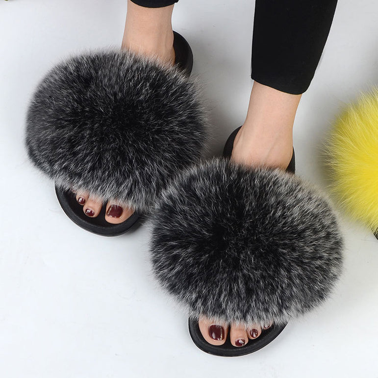 Warm Fox Fur Slippers For Women Slides Flip Flop