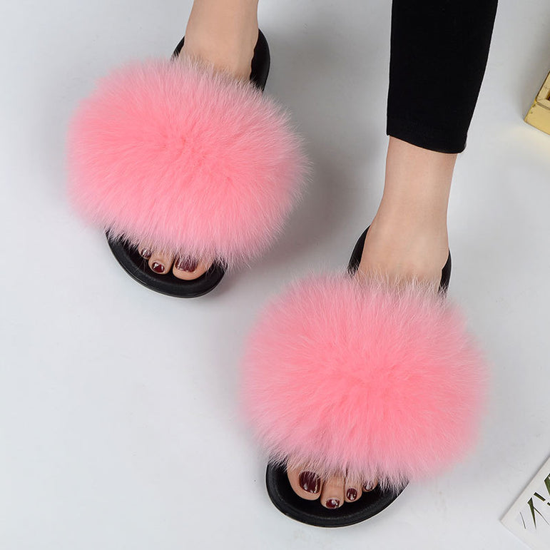 Warm Fox Fur Slippers For Women Slides Flip Flop