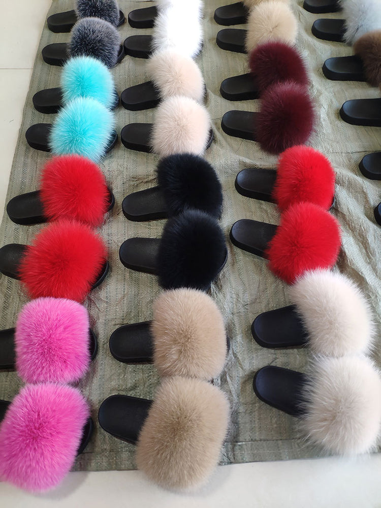 Warm Fox Fur Slippers For Women Slides Flip Flop