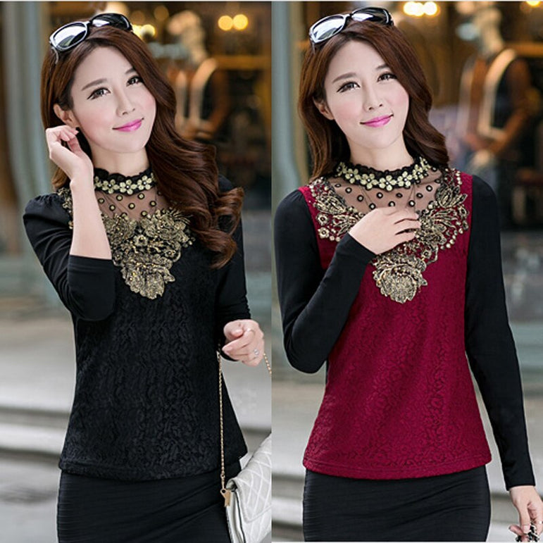 Floral Cotton Long Sleeve Chiffon Lace Blouse