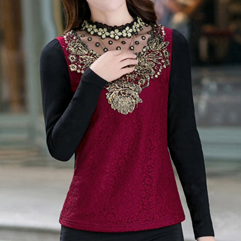Floral Cotton Long Sleeve Chiffon Lace Blouse