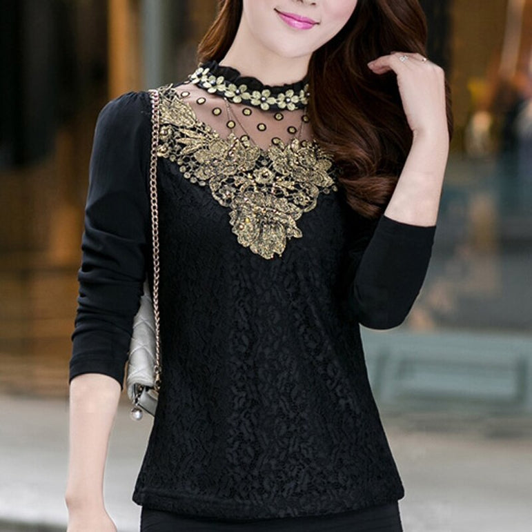 Floral Cotton Long Sleeve Chiffon Lace Blouse