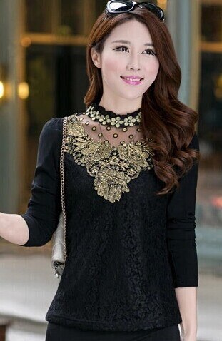 Floral Cotton Long Sleeve Chiffon Lace Blouse