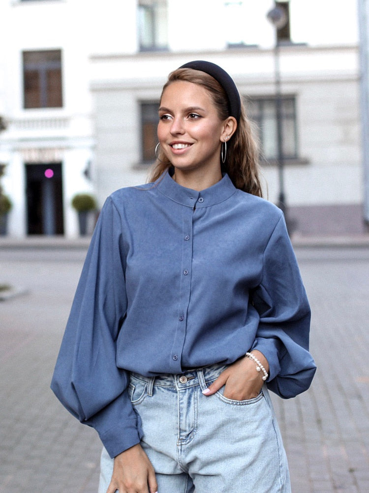 Vintage Lantern Sleeve Thicken Women Shirt Blouses