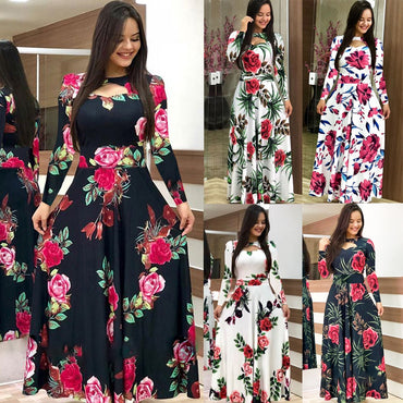 Elegant Spring Autumn Casual Bohmia Flower Maxi Dresses