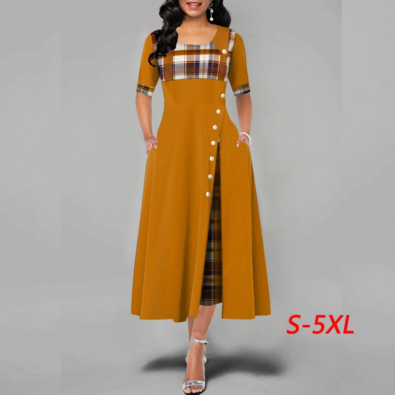 Casual Irregular Plaid Print Button Maxi Dress
