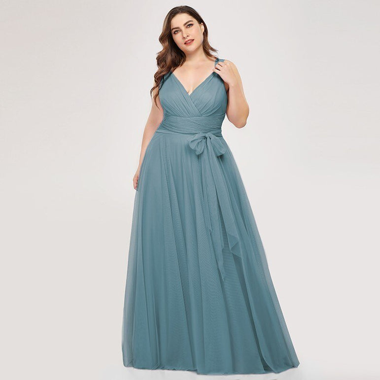Plus Size A-Line V-Neck Tulle Elegant Dress