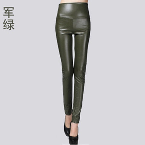 Autumn Winter Women Thin Velvet PU Leather Pants