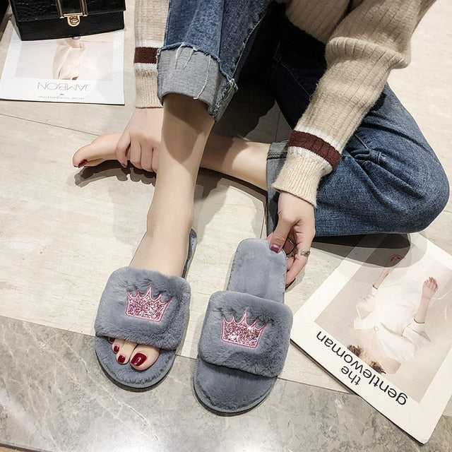 Winter Women House Faux Fur Fashion Slippers