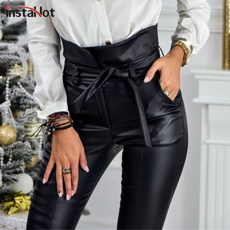 Faux Leather Black Belt High Waist Pencil Pant