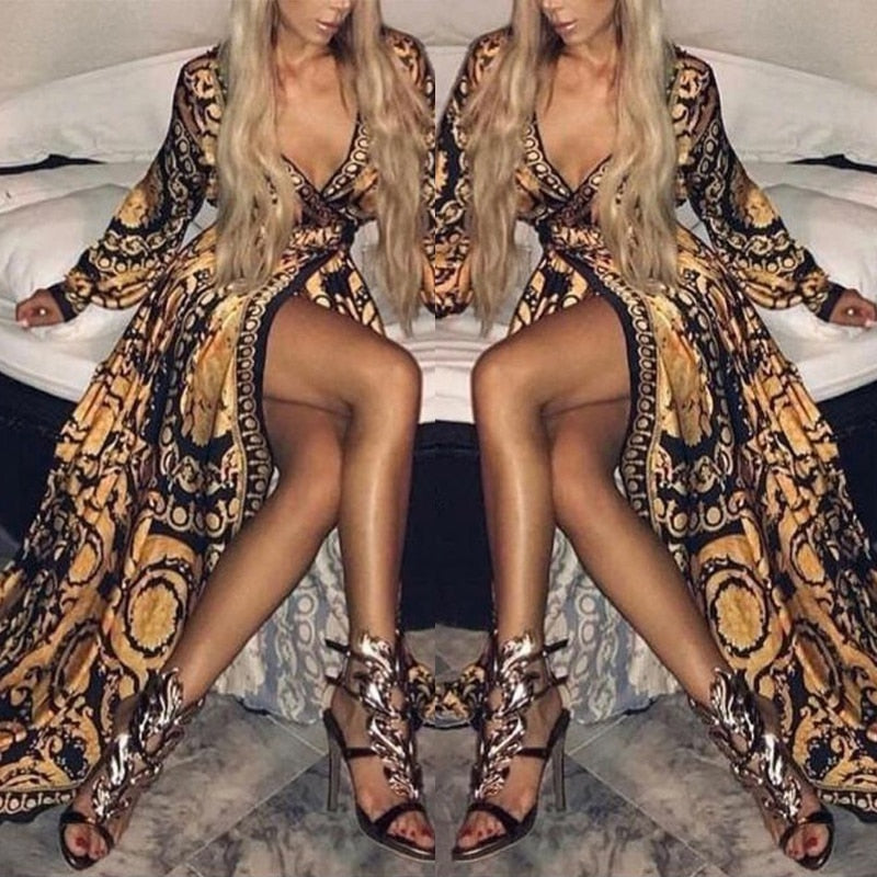 Retro Bohemian Floral Print Gold Maxi Dress