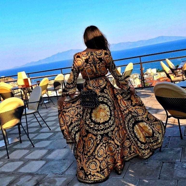 Retro Bohemian Floral Print Gold Maxi Dress