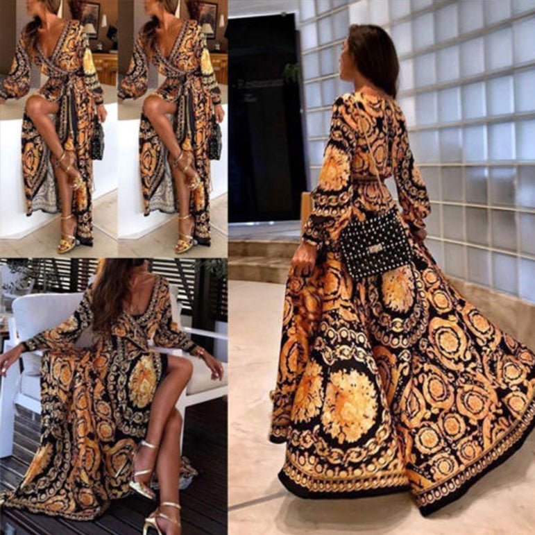 Retro Bohemian Floral Print Gold Maxi Dress
