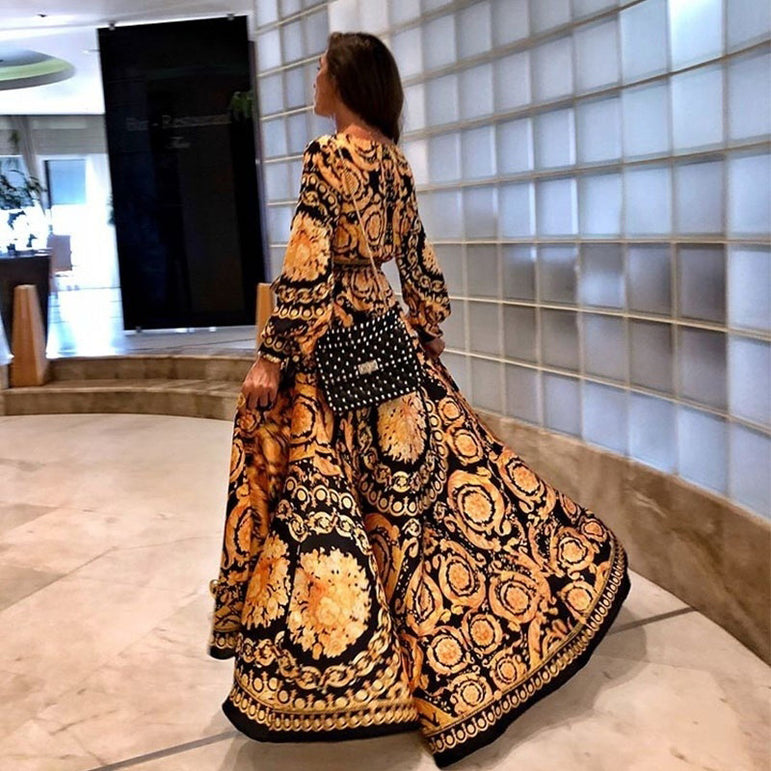 Retro Bohemian Floral Print Gold Maxi Dress