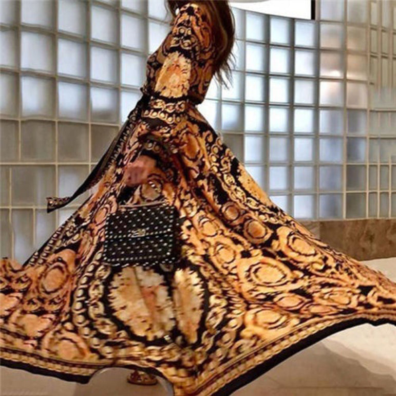 Retro Bohemian Floral Print Gold Maxi Dress