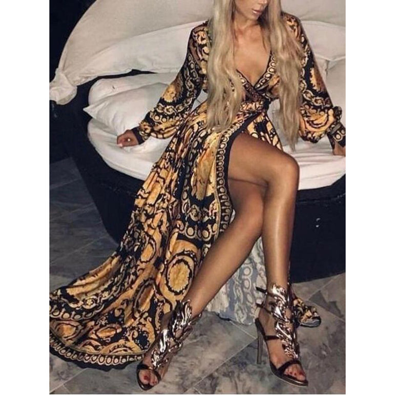 Retro Bohemian Floral Print Gold Maxi Dress