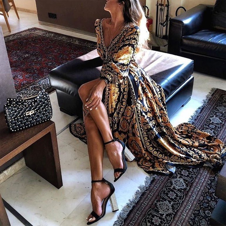 Retro Bohemian Floral Print Gold Maxi Dress