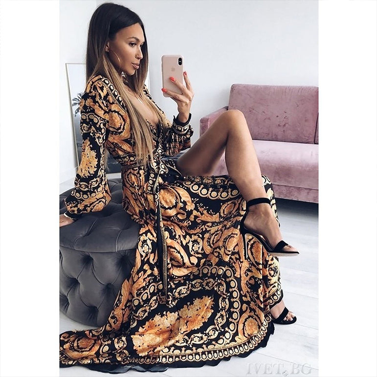 Retro Bohemian Floral Print Gold Maxi Dress