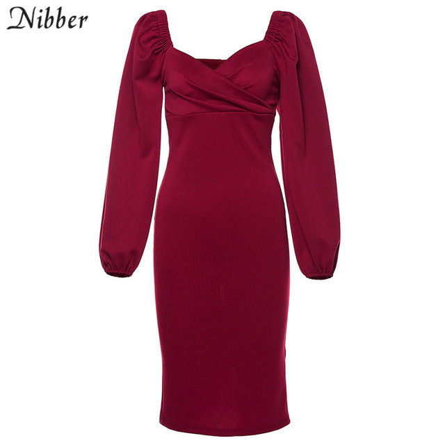 V Neck off shoulder Elegant midi dress