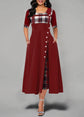 Casual Irregular Plaid Print Button Maxi Dress