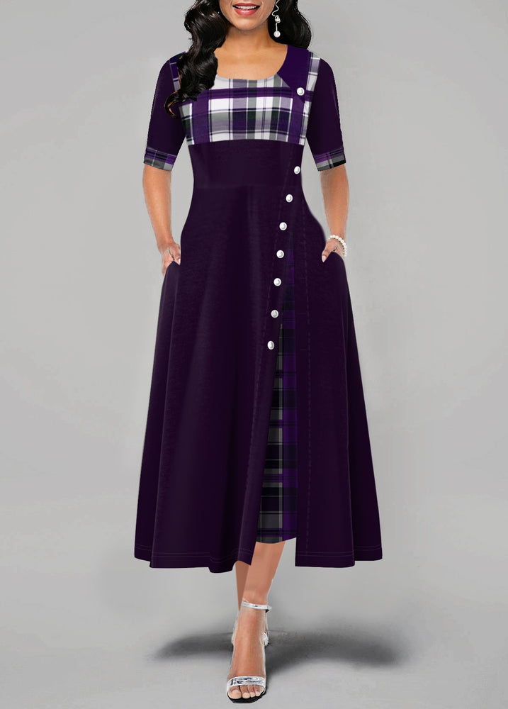 Casual Irregular Plaid Print Button Maxi Dress