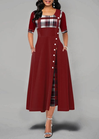 Casual Irregular Plaid Print Button Maxi Dress