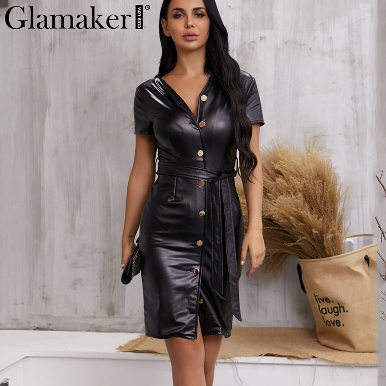 Leather V Neck Sexy Bodycon Dress