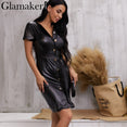 Leather V Neck Sexy Bodycon Dress