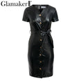 Leather V Neck Sexy Bodycon Dress