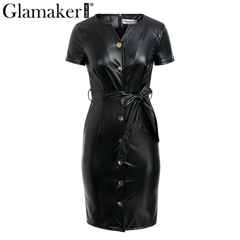 Leather V Neck Sexy Bodycon Dress