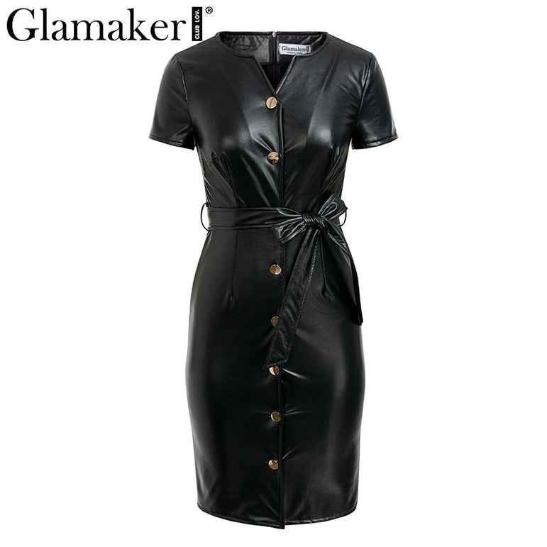 Leather V Neck Sexy Bodycon Dress