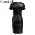 Leather V Neck Sexy Bodycon Dress