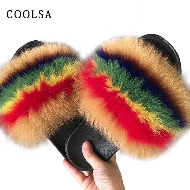Warm Fox Fur Slippers For Women Slides Flip Flop