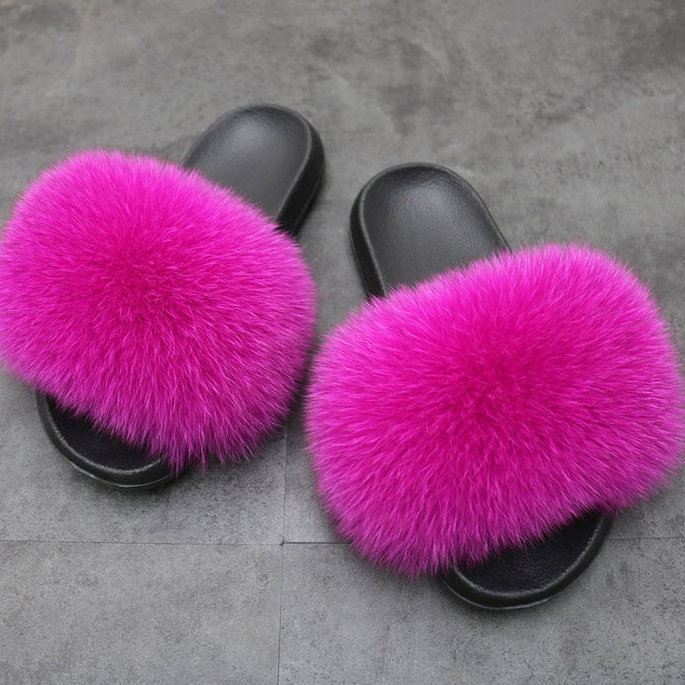 Warm Fox Fur Slippers For Women Slides Flip Flop