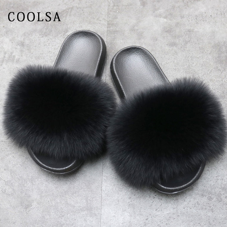 Warm Fox Fur Slippers For Women Slides Flip Flop