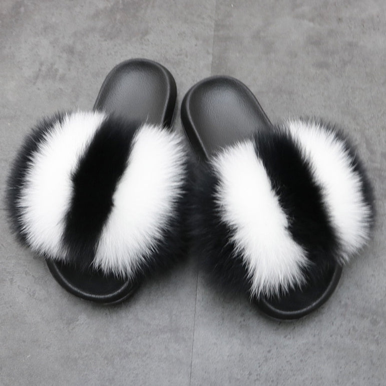 Warm Fox Fur Slippers For Women Slides Flip Flop