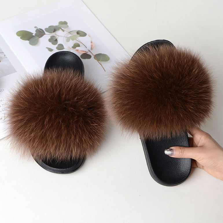 Warm Fox Fur Slippers For Women Slides Flip Flop