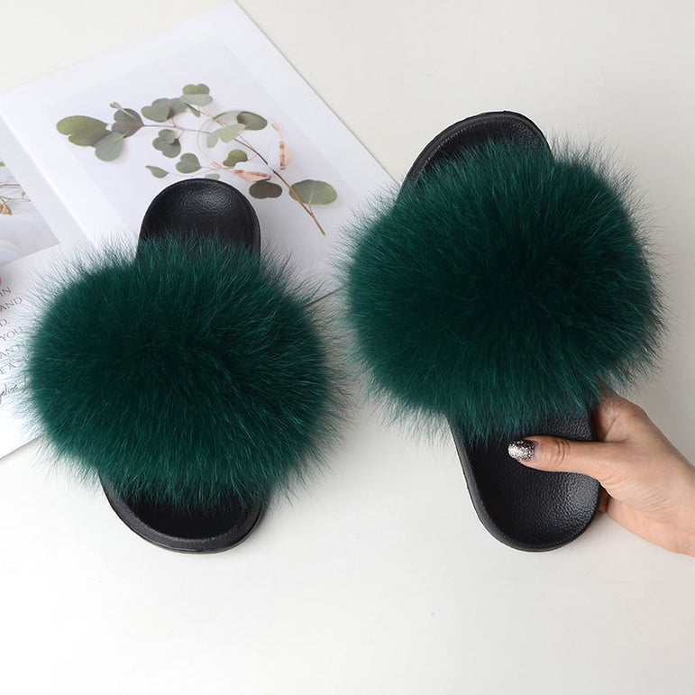 Warm Fox Fur Slippers For Women Slides Flip Flop
