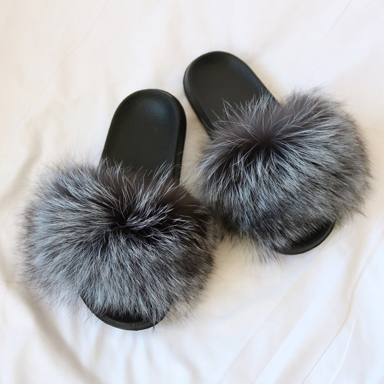 Warm Fox Fur Slippers For Women Slides Flip Flop