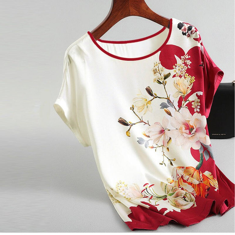 Women Silk Satin Plus Size Floral Blouse