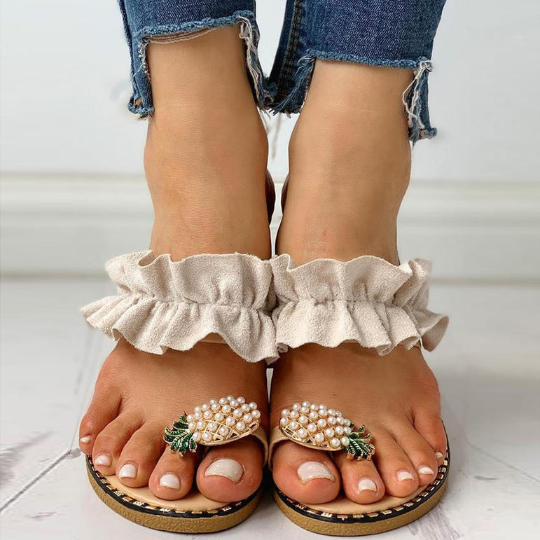 Women Girls Pearl Flat Bohemian Slippers