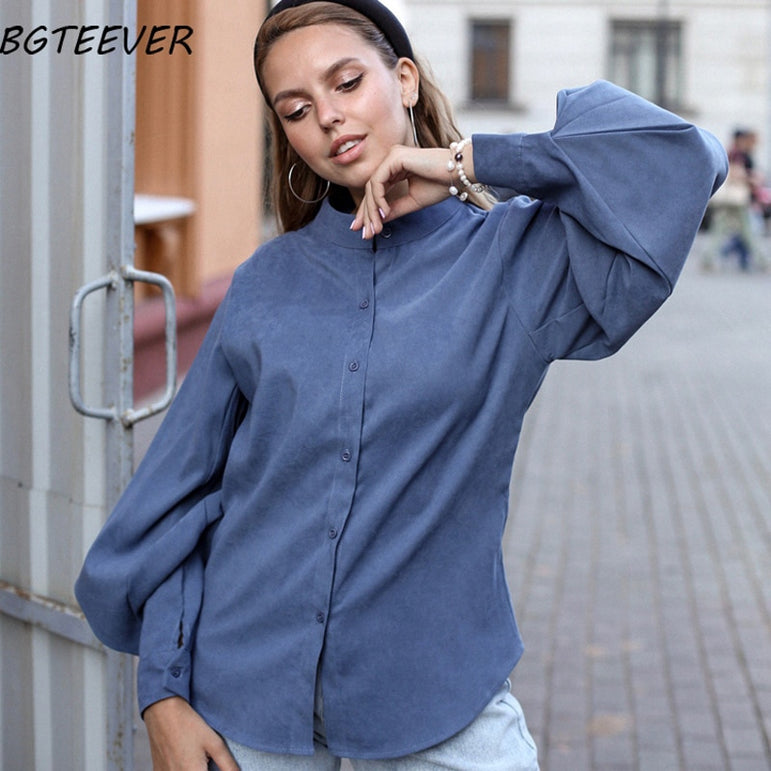 Vintage Lantern Sleeve Thicken Women Shirt Blouses