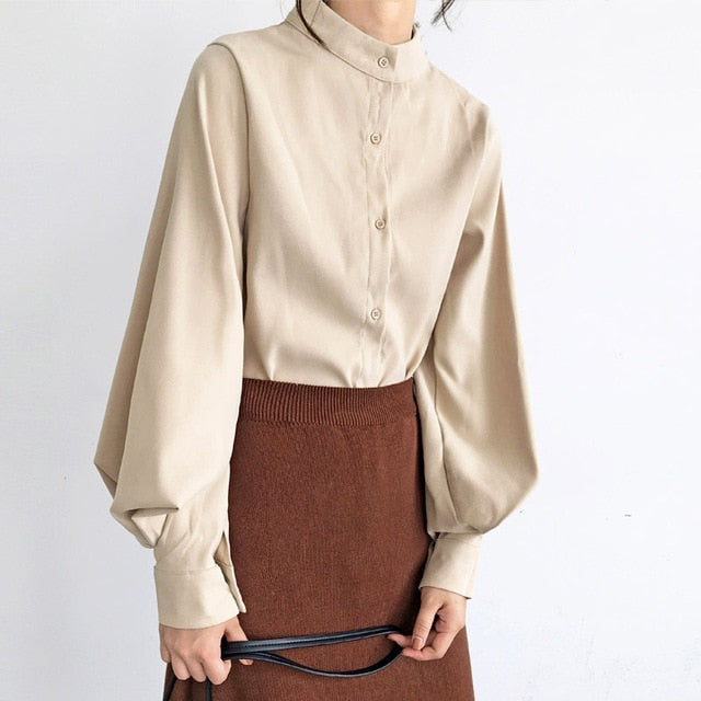 Vintage Lantern Sleeve Thicken Women Shirt Blouses