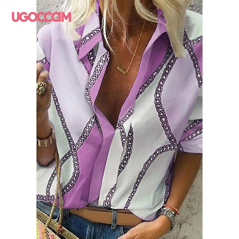 Long Sleeve Women Print Chiffon Blouse