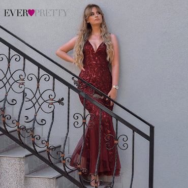 Burgundy V-Neck Mermaid Sequined Formal Dresses